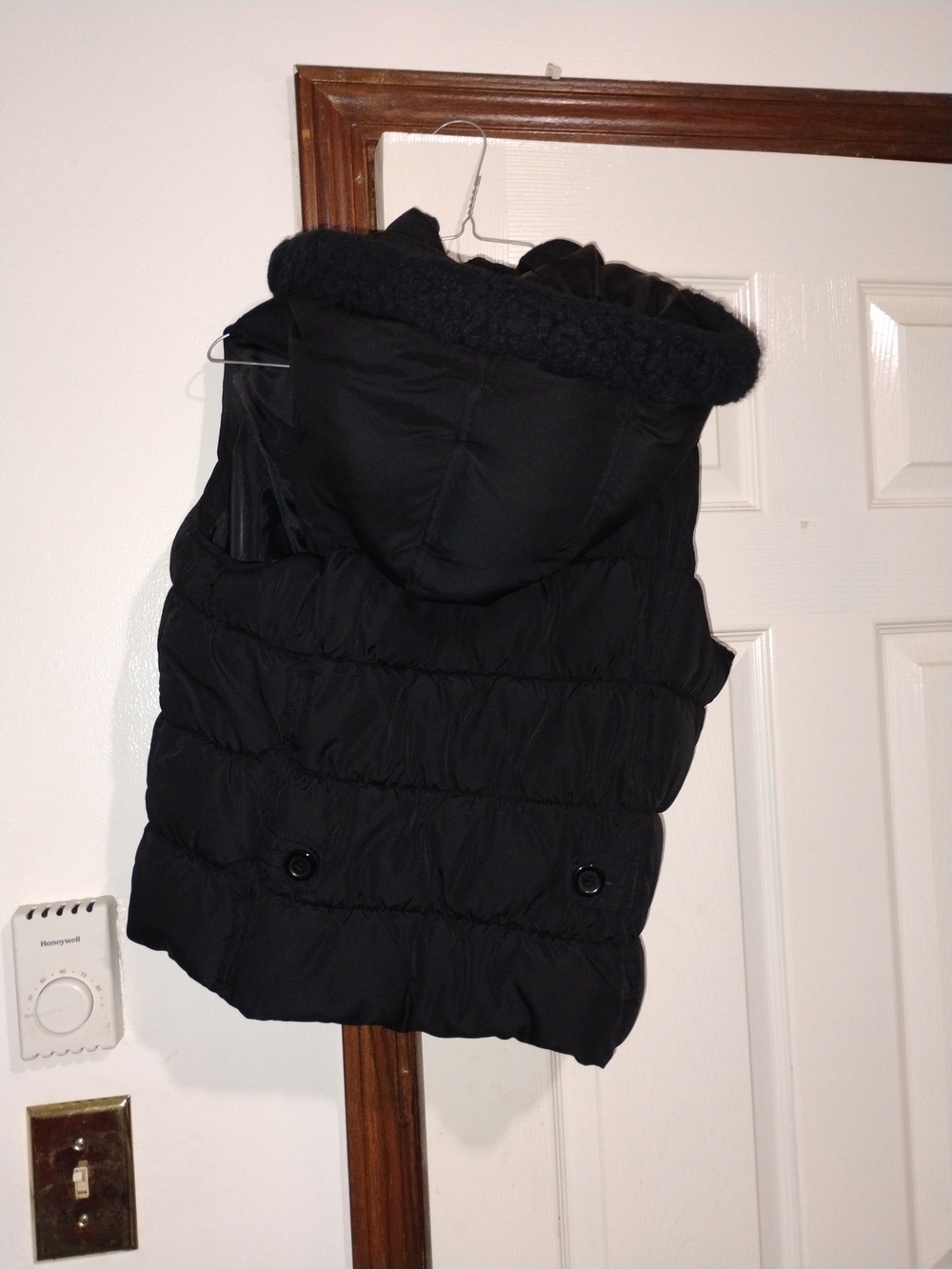 Women's Black Puffer Vest with Faux Fur Hood